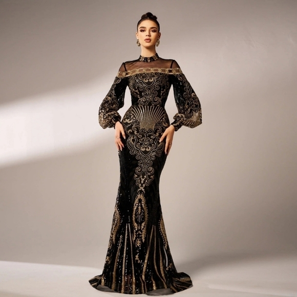 Dresses & Skirts - Black Embellished Backless Gown with Bishop Sleeves- CUSTOM MADE